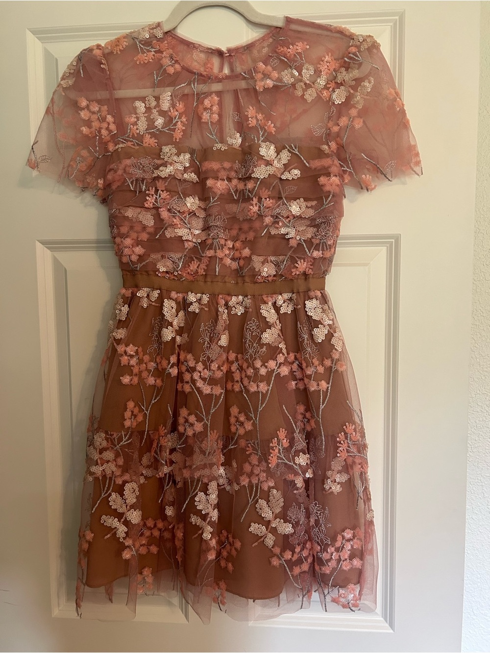 Self-Portrait Pink Sequin Floral Mesh Dress